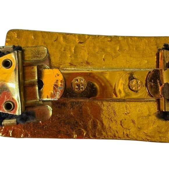 Vintage Gold-Tone Metal Waist Belt With Textured Rectangular Clasp & Elastic Bac - Picture 6 of 10